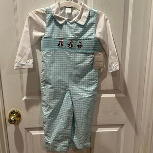 Christmas Kids Boutique Set boys blue and white jumper with penguins  4 NWT